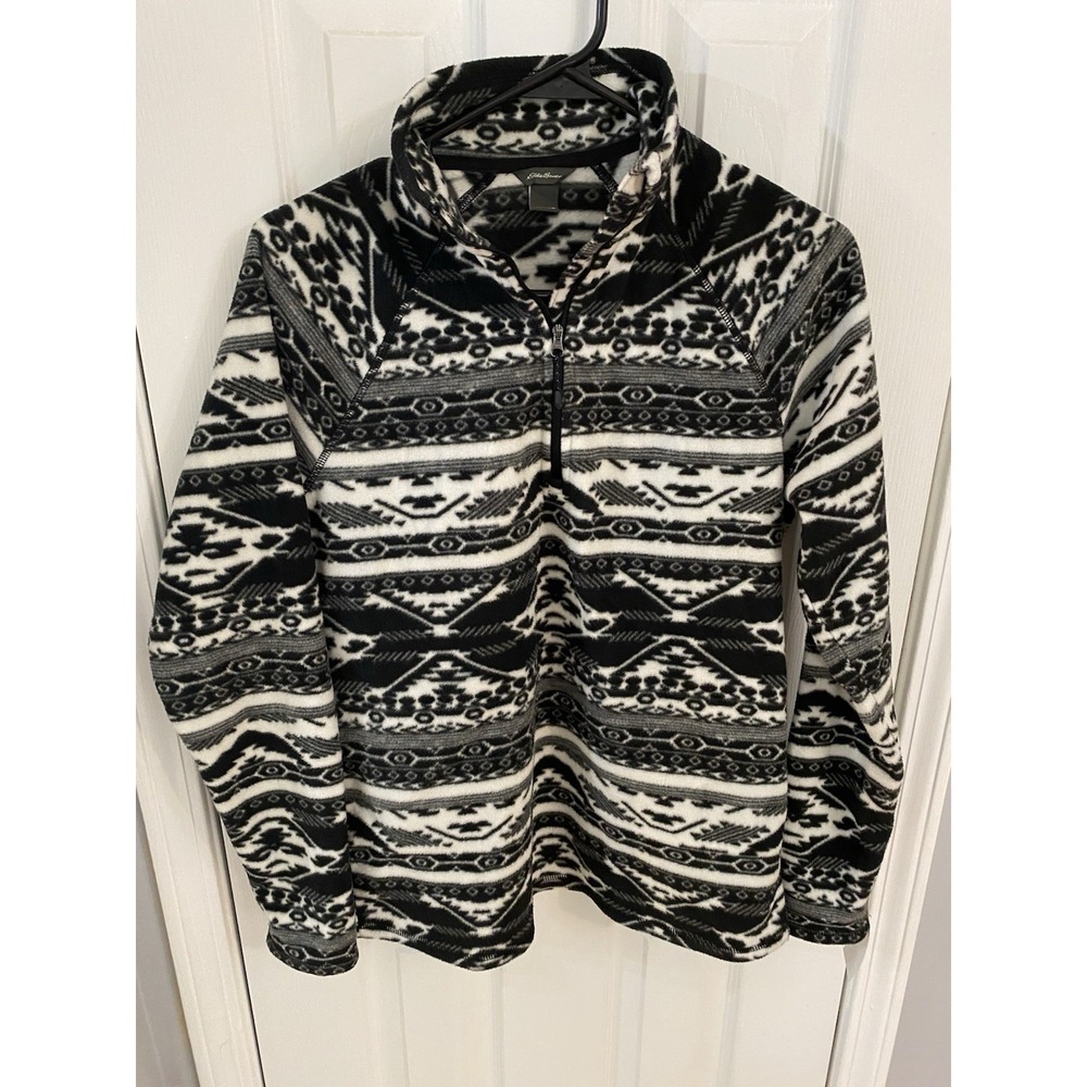 Eddie Bauer Fleece Pullover Womens Small Black White Aztec Tribal Quarter Zip